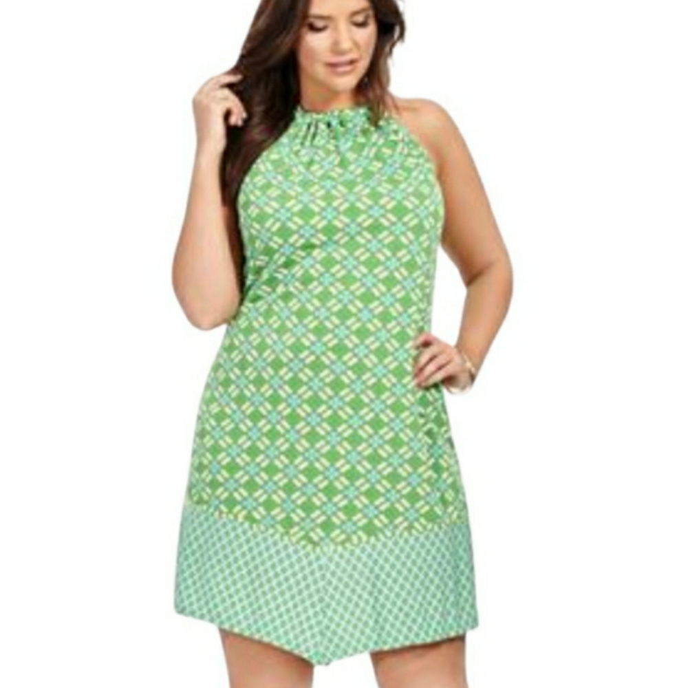 TAYLOR Gold Chain Link Neck Green Geometric Print Dress 12 (Large)
